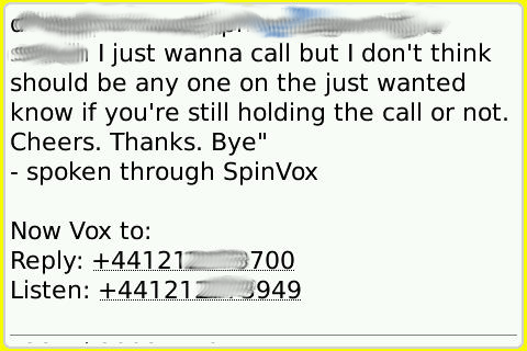 Screenshot of a voicemail which has been poorly transcribed to text using the SpinVox service.