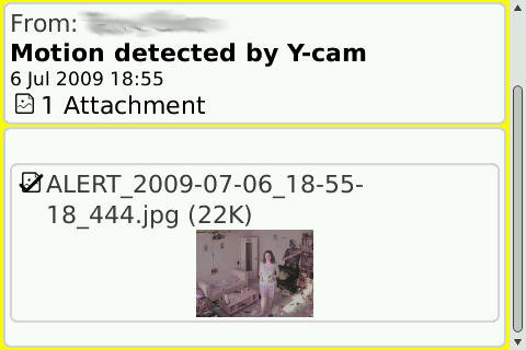 An email alert on a BlackBerry. Thumbnail image fills the screen when clicked