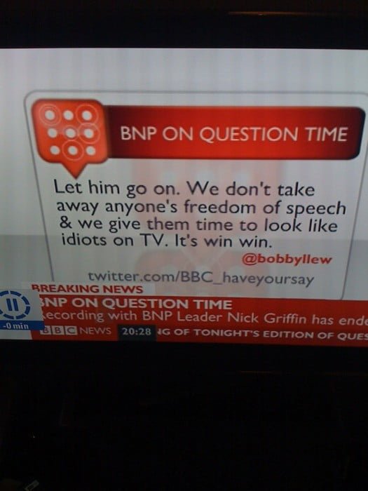 Photo of a TV screen which seems to quote BobbyLlew talking about Question Time.