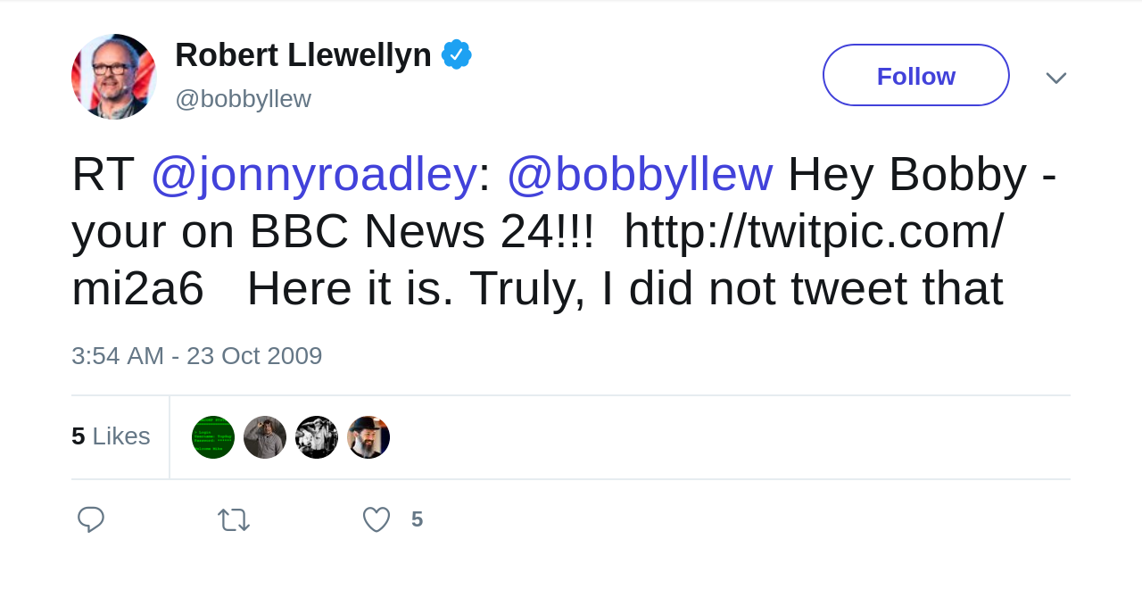 RT @jonnyroadley: @bobbyllew Hey Bobby - your on BBC News 24!!! http://twitpic.com/mi2a6 Here it is. Truly, I did not tweet that