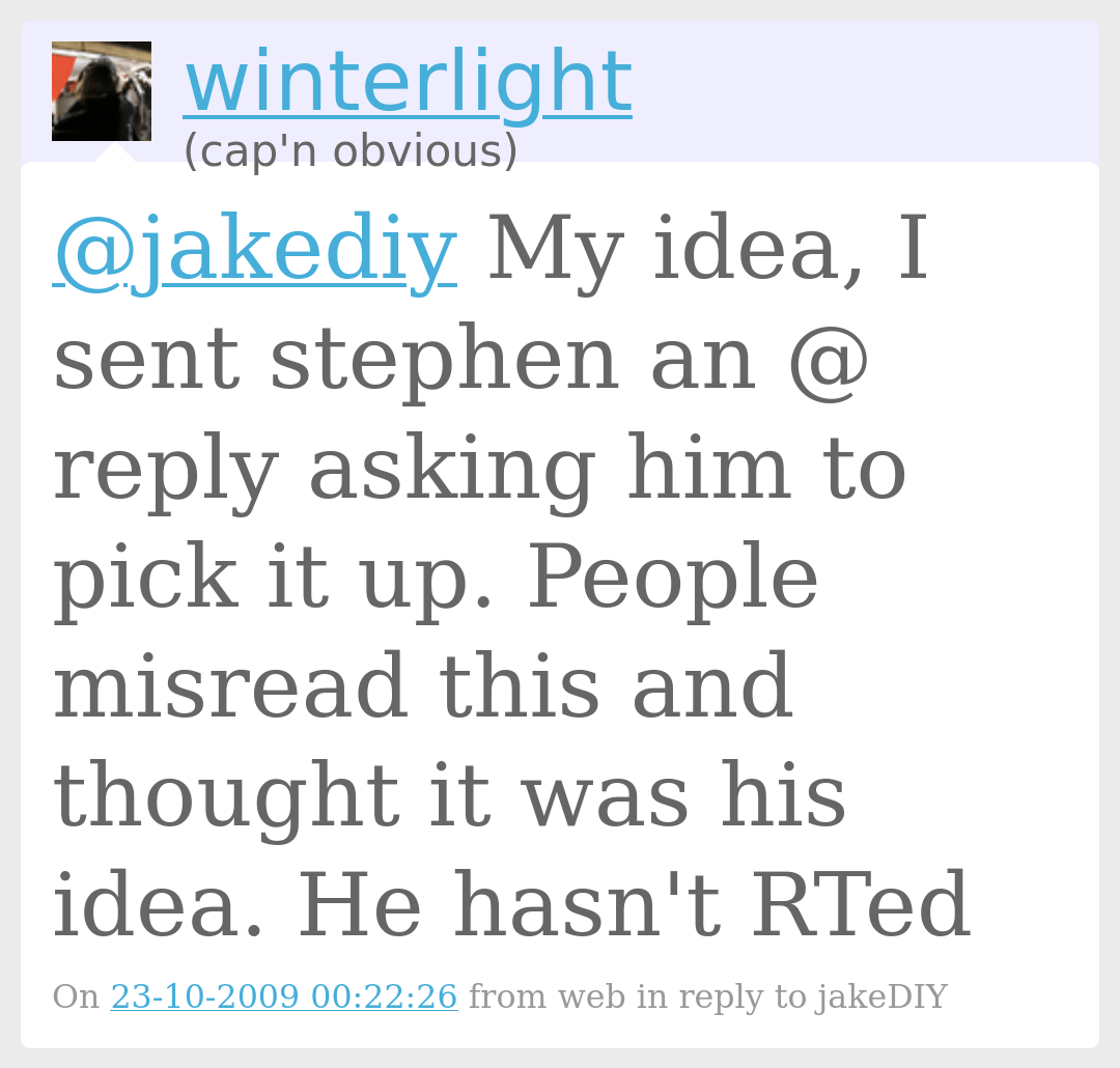  @jakediy My idea, I sent stephen an @ reply asking him to pick it up. People misread this and thought it was his idea. He hasn't RTed 