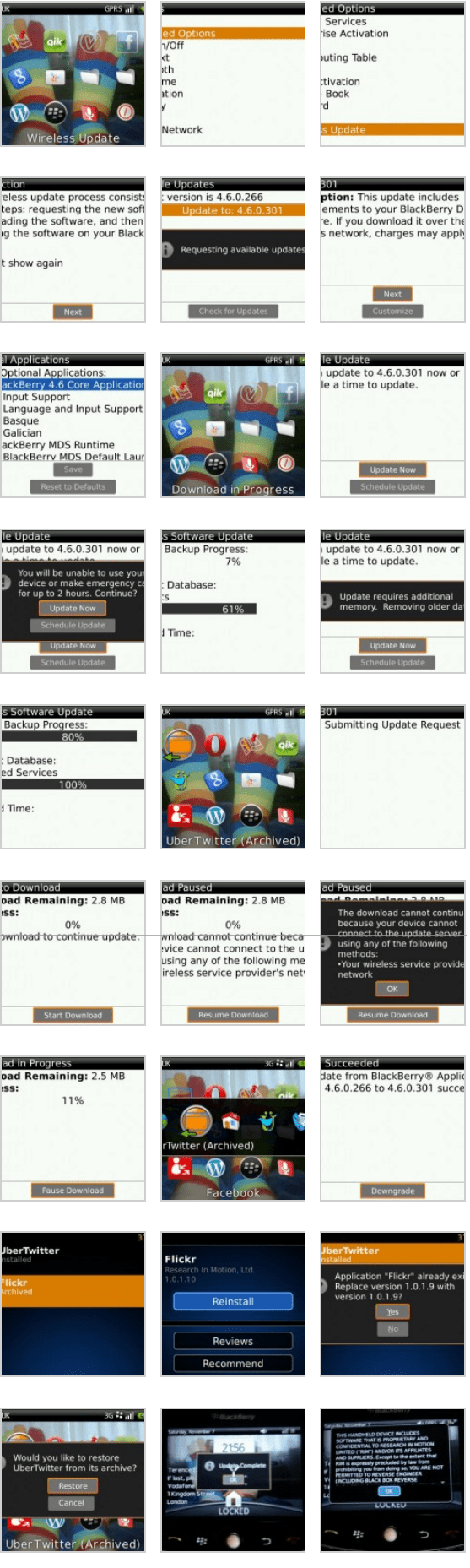 Series of screenshots showing the BlackBerry Wireless Update process.