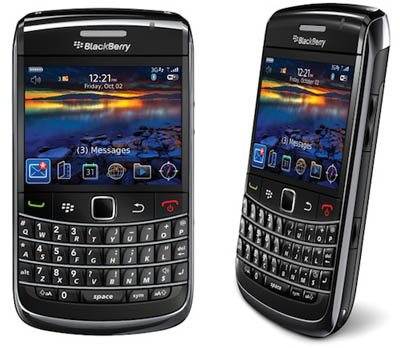 Photo of a BlackBerry phone with a colour screen and keyboard.