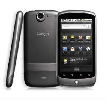 Photo of the Nexus One from Google. It is a small Android phone with a trackball at the bottom.