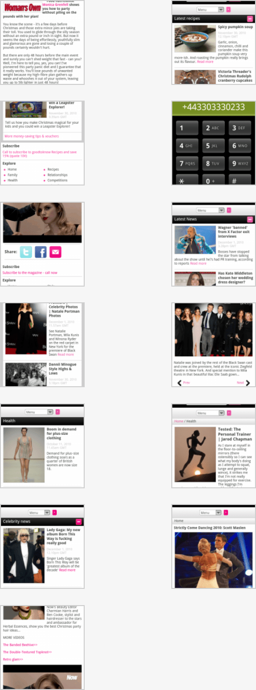 Screenshots of several mobile websites.