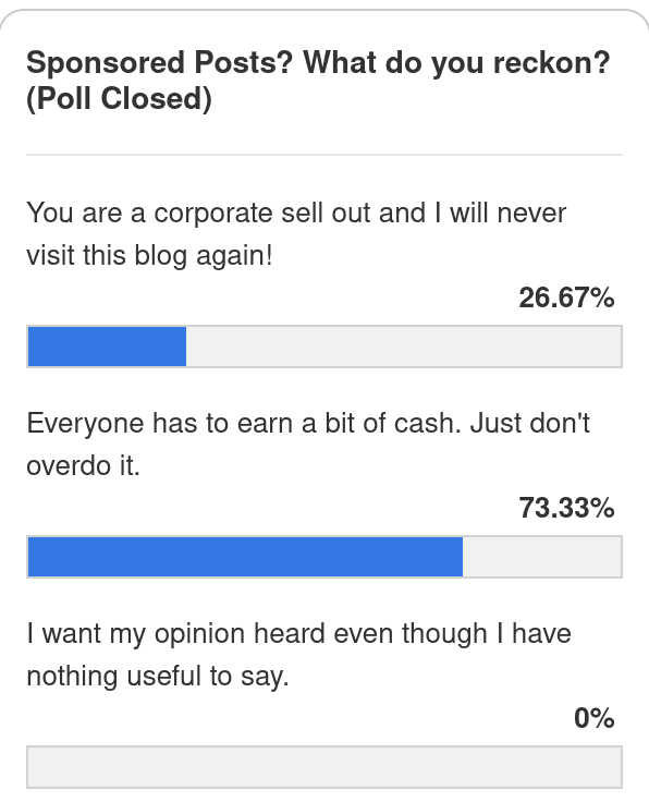 Sponsored Posts? What do you reckon? (Poll Closed) You are a corporate sell out and I will never visit this blog again! 26.67%. Everyone has to earn a bit of cash. Just don't overdo it. 73.33%. I want my opinion heard even though I have nothing useful to say. 0%