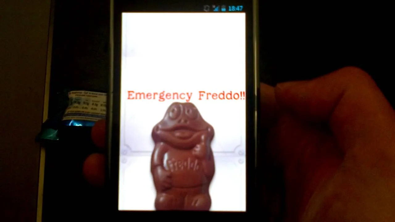 A little chocolate frog on a phone screen.