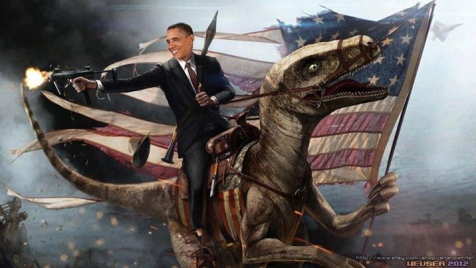 Artwork. President Obama fires a machine gun with a rocket launcher strapped to his back. He is riding a velociraptor. The stars and stripes flutter in the background.