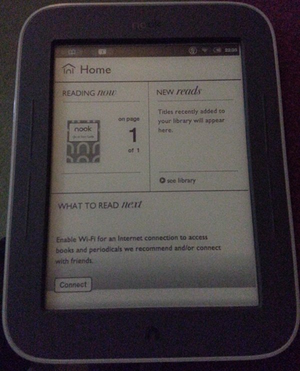 Photo of a Nook eReader with eInk screen.