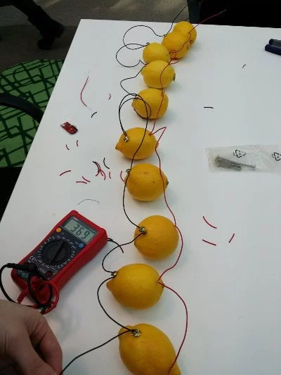 Photo of ten lemons wired up to a multimeter.