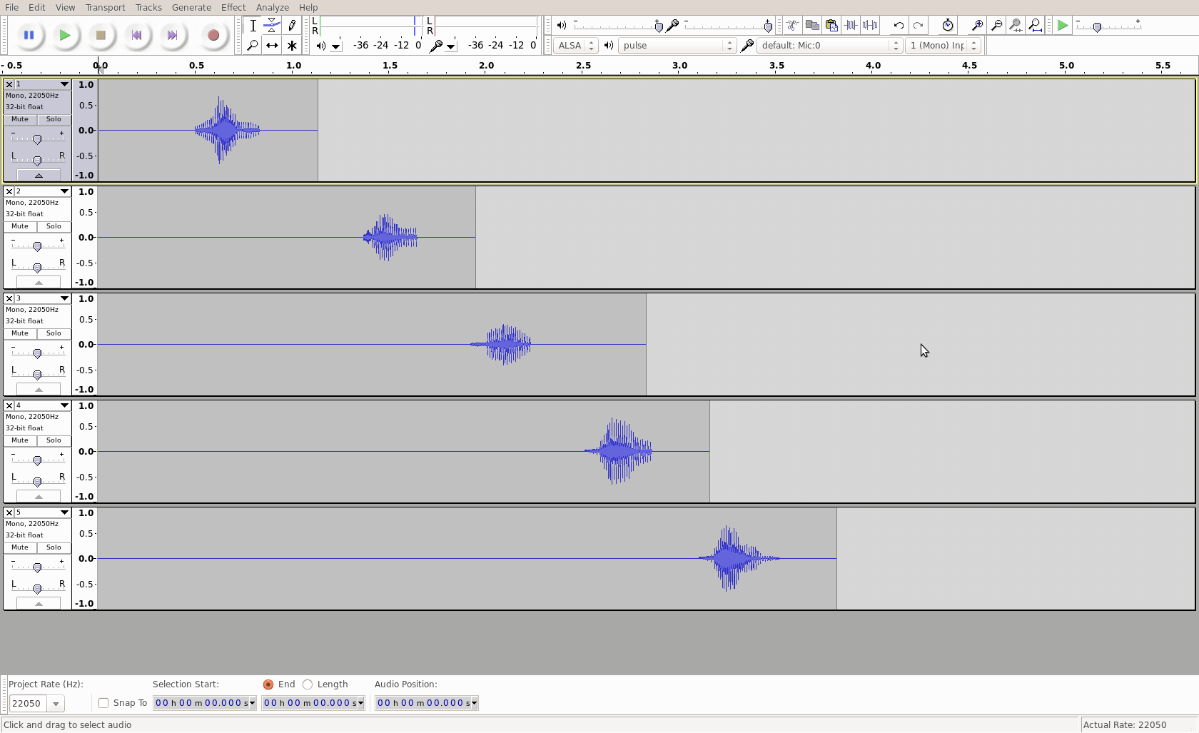 Screenshot of multitrack audio in Audacity.