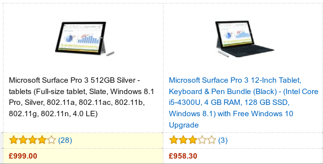 Surface Pro 3 Tablets costing £1000 on Amazon.