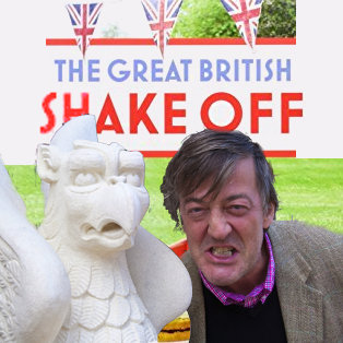 Photo of Stephen Fry grimacing next to a carved statue of an eagle.