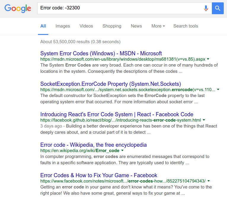 Google results for searching for an error code