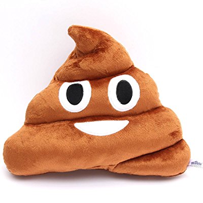 A stuffed cushion shaped like a pile of poo with a face on it