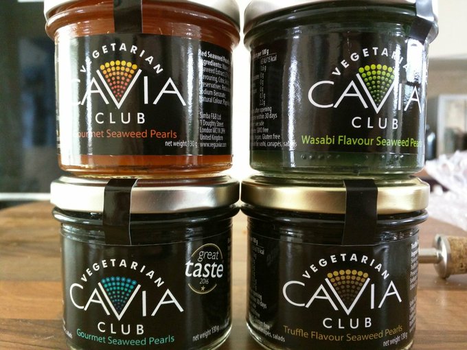 Four jars of vegetarian caviar