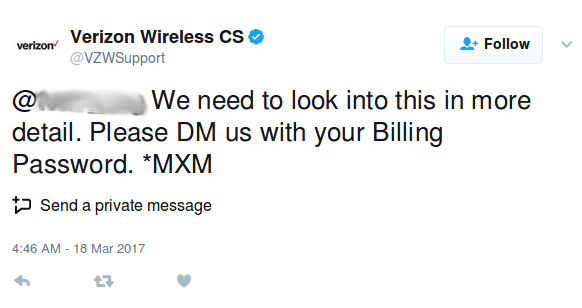 Verizon asking for a DM'd password