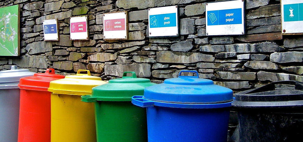A row of recycling bins.