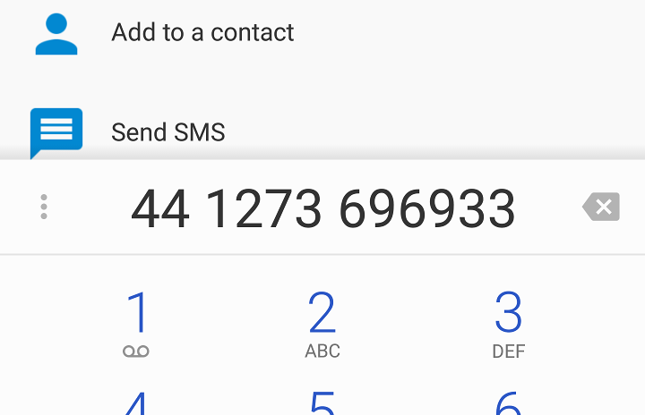 The Android phone dialer screen - the telephone number is pre-filled