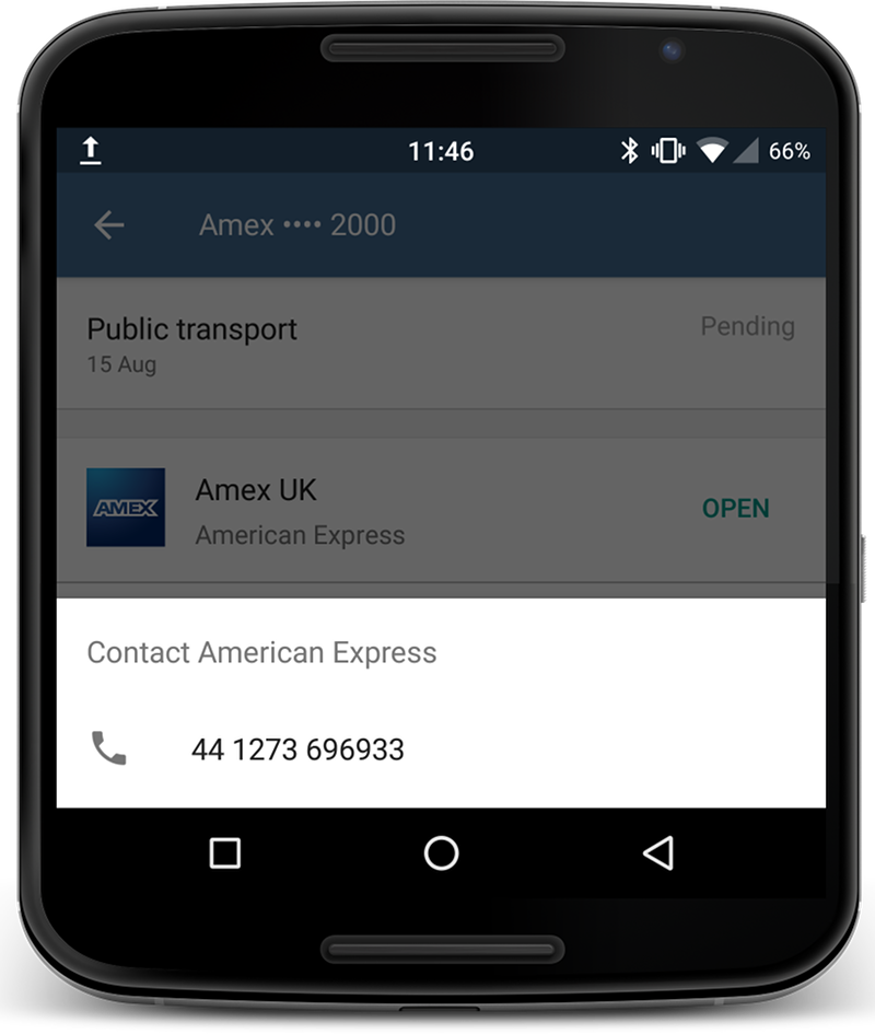 Screenshot of the Android Pay app - the American Express phone number is formatted incorrectly. 