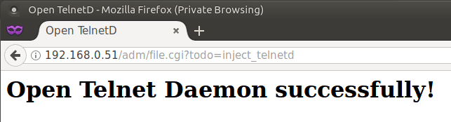 A web browser displaying the message "Open Telnet Daemon successfully!"