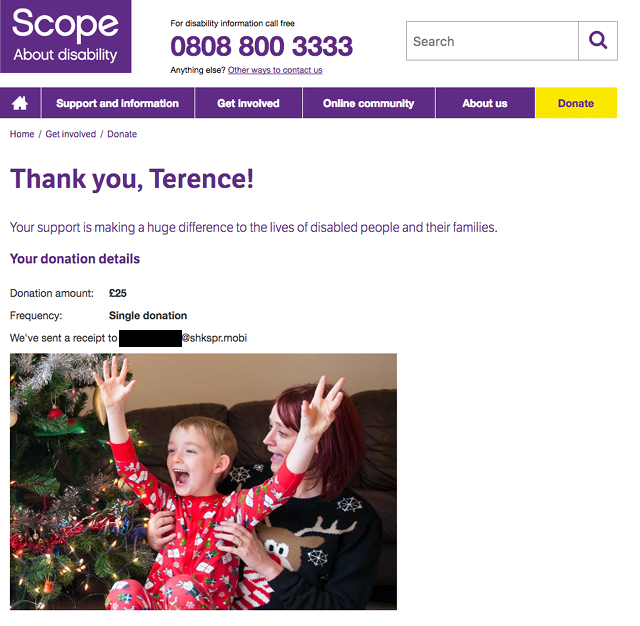 Screenshot of the scope website showing a donation of £25