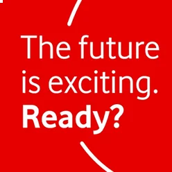 The Vodafone logo with the text "The future is exciting. Ready?"