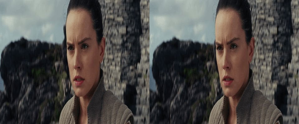 A stereo image pair. A young woman stands in front of a stony building.