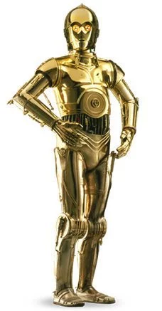 C-3PO is a gold coloured, human shaped robot.