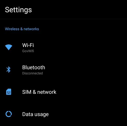 Android settings menu.