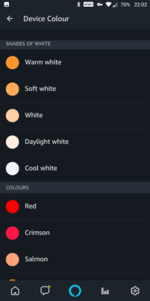 Alexa app showing colour and light values.