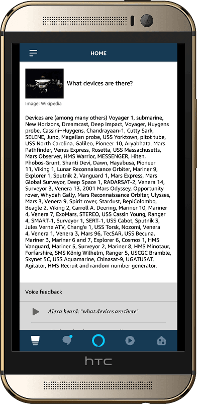 Alexa app displaying a list of NASA devices in deep space.