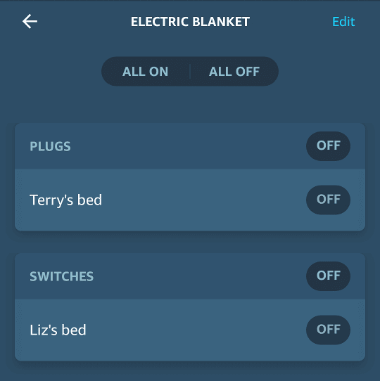 Alexa settings screen showing Terry's bed and Liz's bed.