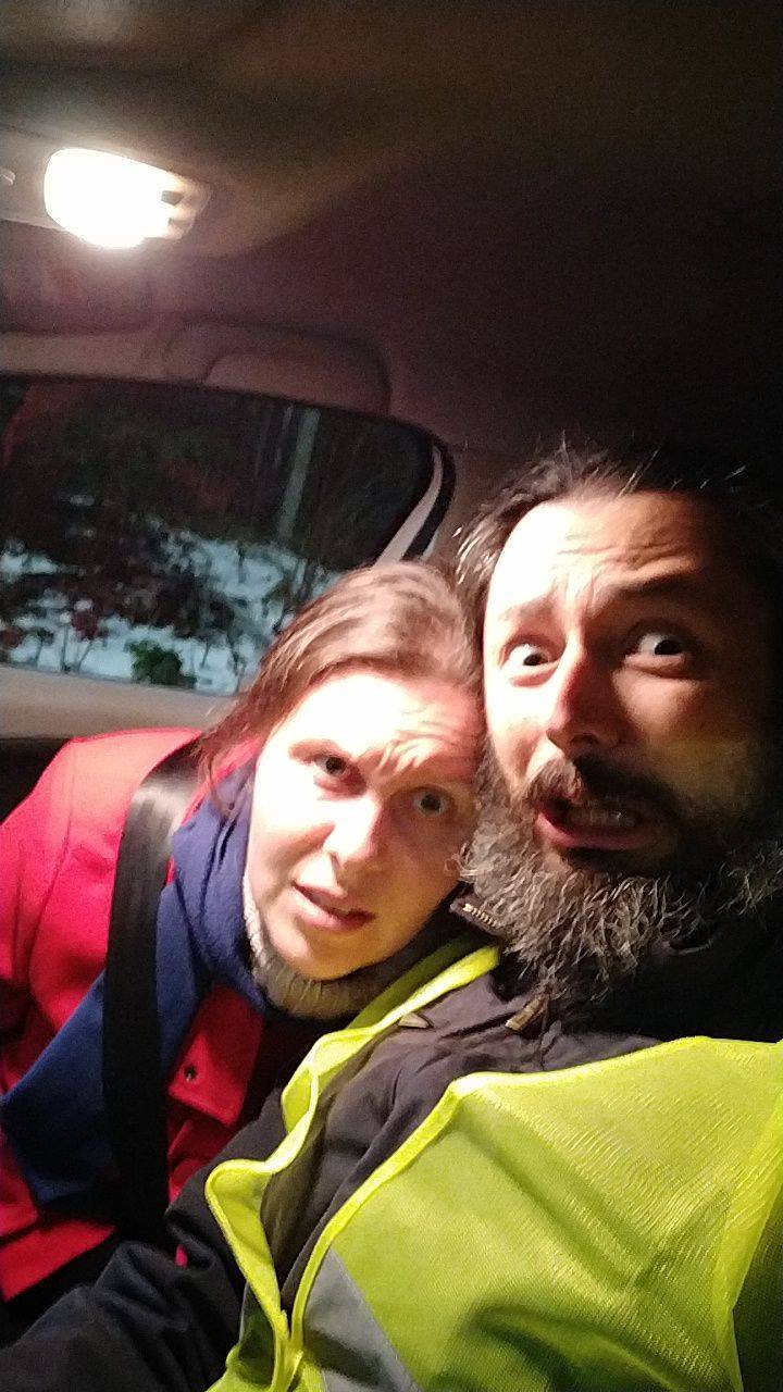 Two cold people trapped in a car.