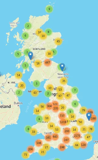 UK map covered in thousands of markers.