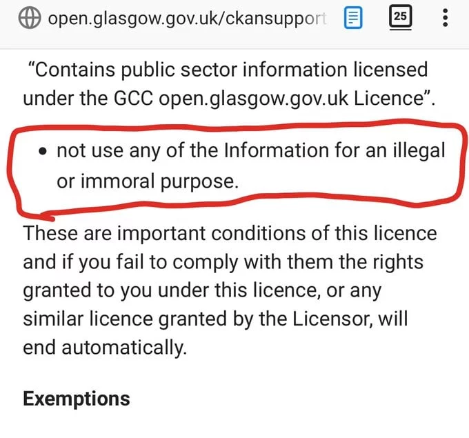 The Glasgow Open Government Licence. Highlighted is a passage saying the data cannot be used for illegal or immoral purposes.