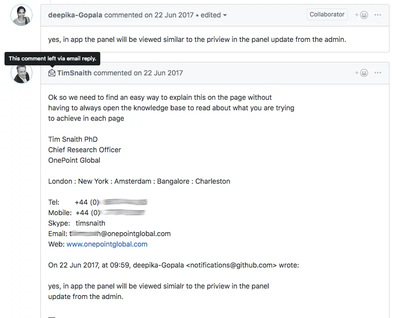 A comment on GitHub, there's an email icon next to the user name.