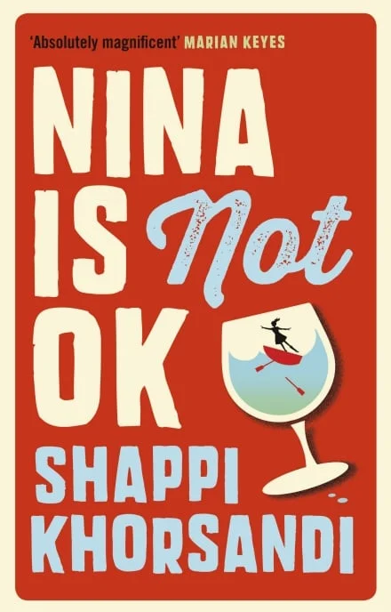 Book cover for Nina is Not OK. A girl is trapped in a glass of wine - is she waving or drowning?