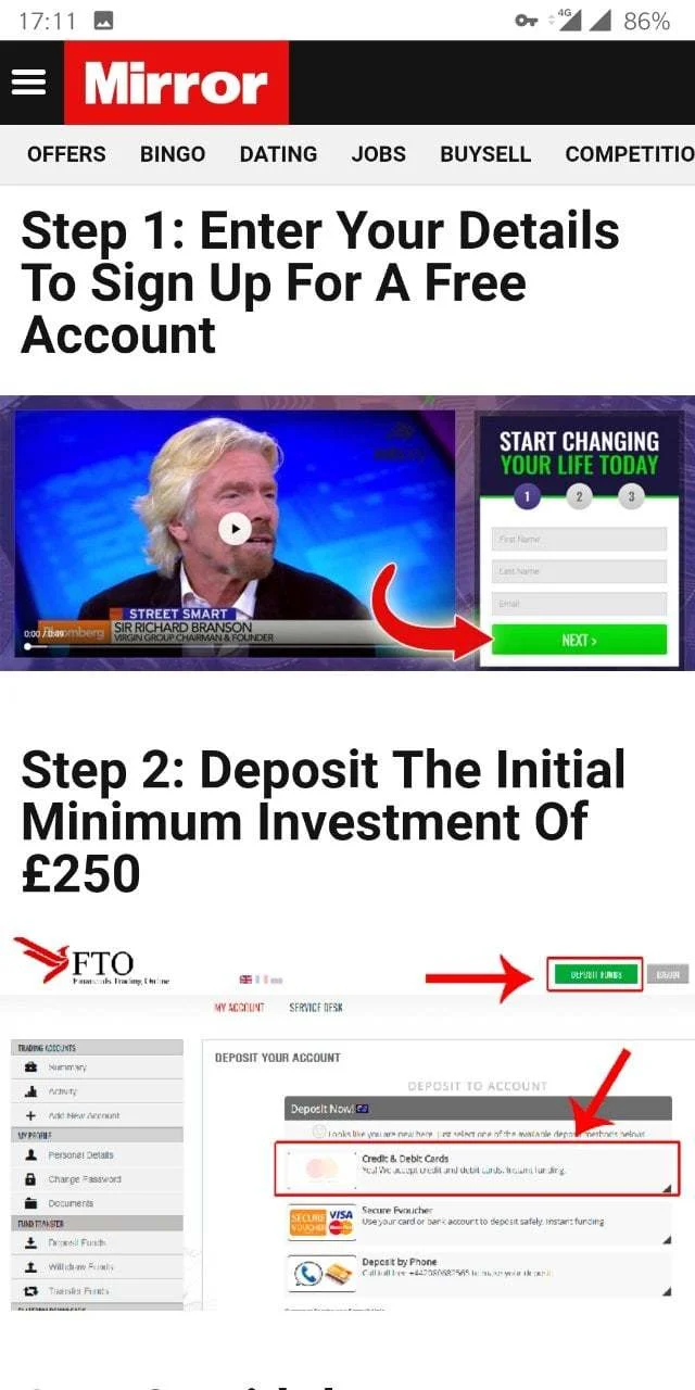 Picture of Richard Branson, encouraging people to deposit £250.