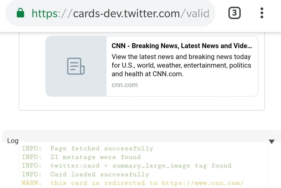A card validator screen. It shows a redirect to CNN. 