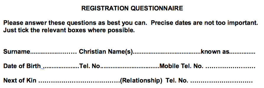 Registration questionnaire asking for a christian name.