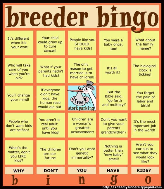 A bingo card filled with comments about people wanting to have kids.