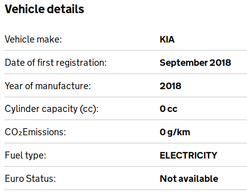 DVLA screen showing vehicle is electric.