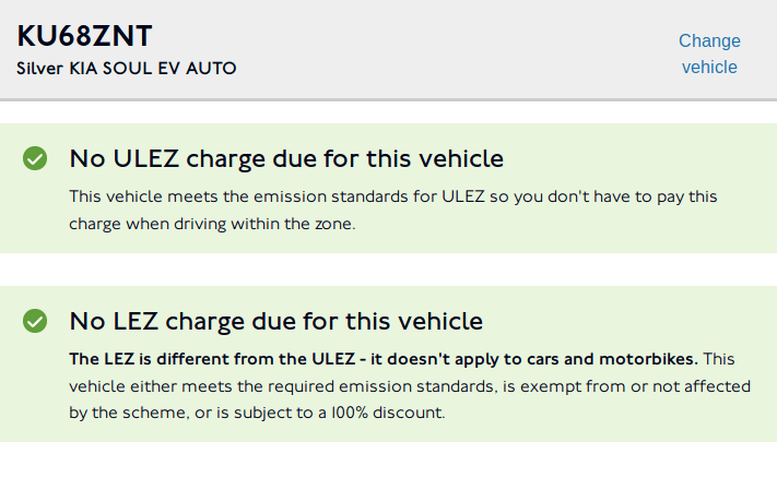 TfL screen saying the vehicle is exempt.