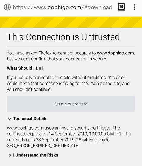 Untrusted connection error screen.