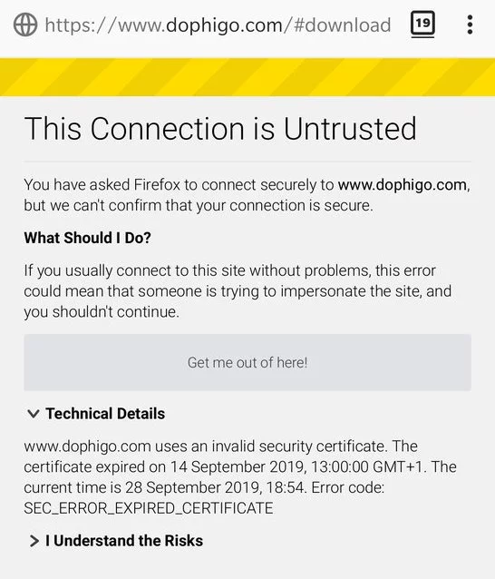 Untrusted connection error screen.