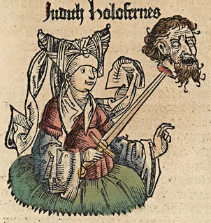 A medieval drawing of a woman holding a sword. A bearded man's head is impaled on it.