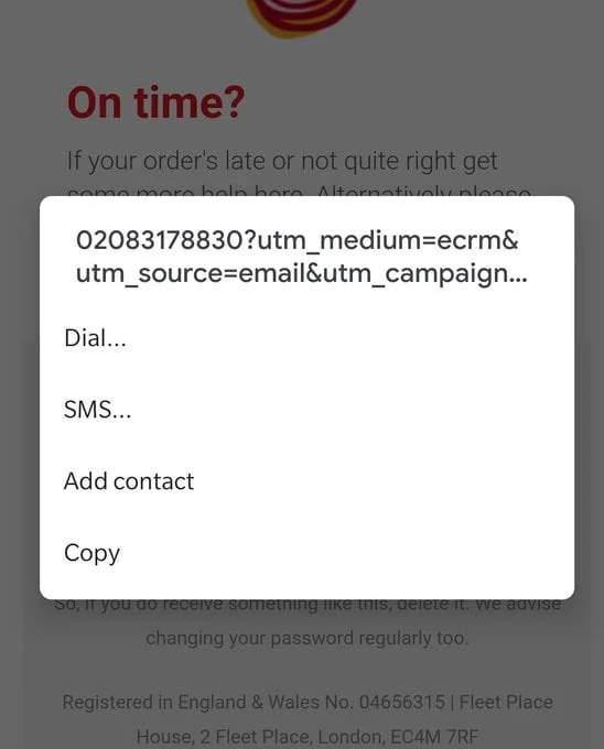 Gmail showing the tel URl scheme of a link with extra tracking information in it.