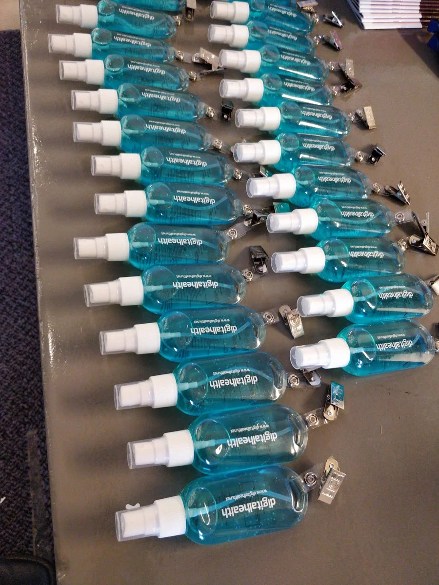 Lots of bottles of hand sanitiser.