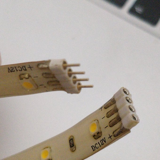 Connectors on a 12 volt DC LED strip.